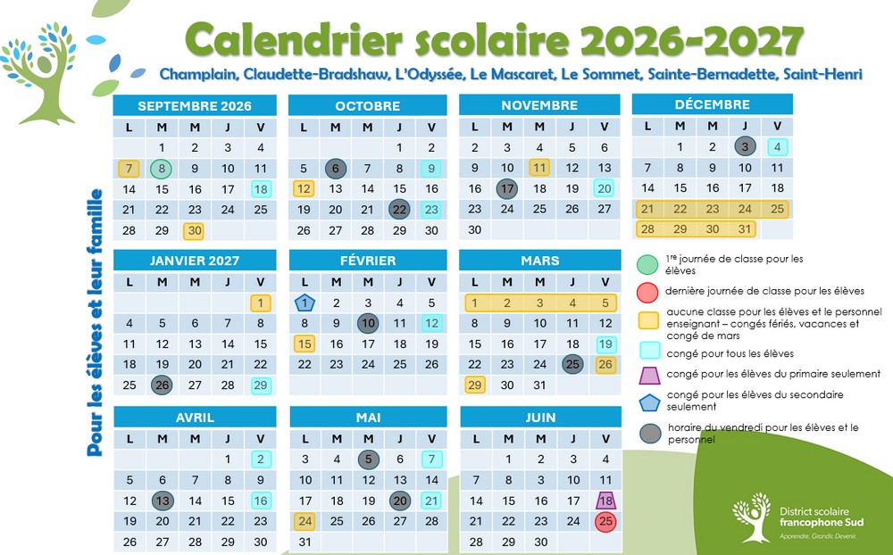 Calendriers scolaires 2026 2027 Communaute de Moncton